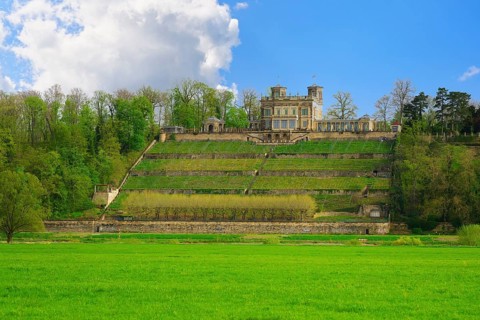 Lingners castle or Villa Stockhausen along the Elbe River, Dresden, Saxony, Germany, Europe