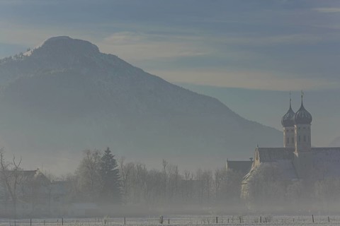 Monastery in the morning light, fog, hoarfrost, winter, Benediktbeuern Monastery, Alpine foothills,