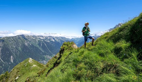Mountain landscape, Hiking trail on a mountain ridge with meadow, Hiking trail La Jonction,