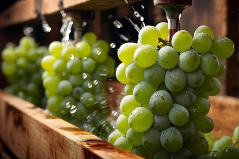 Grape cluster mid crush in a traditional wine press with dynamic flow of juice, AI generated