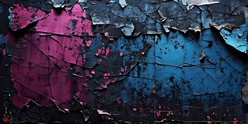 Vintage style collage featuring textured grunge posters in hues of black, blue and magenta, AI