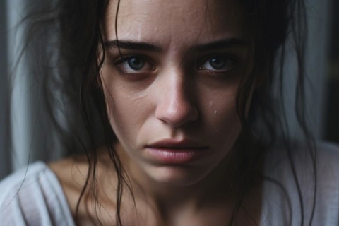 Portrair of sad woman with tears on cheek. KI generiert, generiert, AI generated