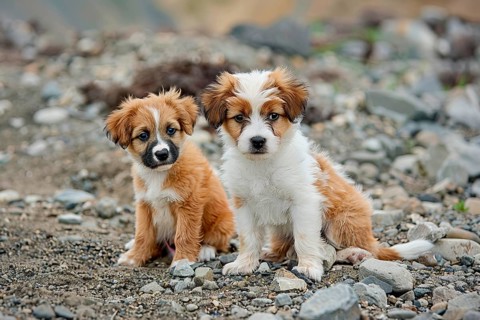 Two cute Tibetan terrier pups sitting on a rocky ground, AI generated