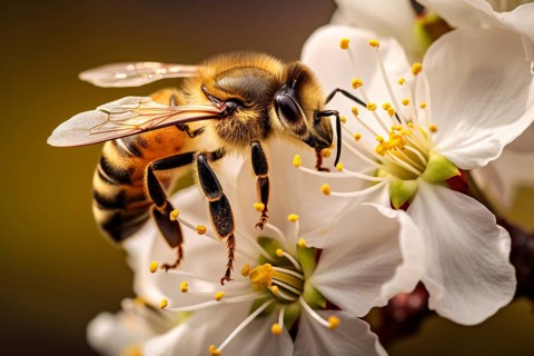 Close up of honey bee collecting pollen on flower. KI generiert, generiert AI generated