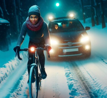 A cyclist rides in front of a car with her headlights switched on in the dark in snow, generated