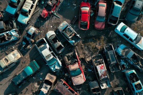 Aerial view, top down view of a scrap car, wreck, in a scrap yard, car graveyard, AI generated, AI