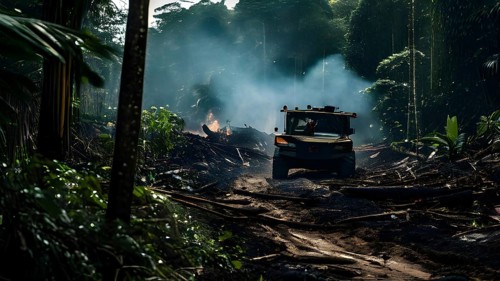 Destructive act of fire clearing within the amazon rainforest, AI generated