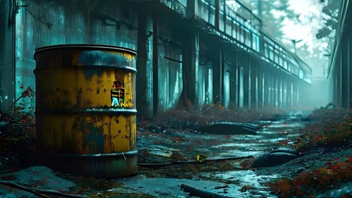 Representation of illegal nuclear waste barrel leaking radioactive material, AI generated