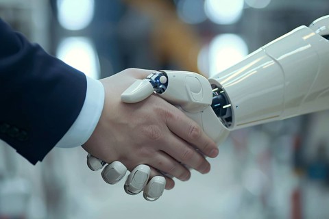 Handshake between business man in suit and artificial intelligence android arm. Genertaive AI, AI