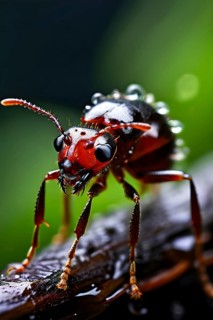 Close up of a red wood ant glistening with delicate raindrops, AI generated