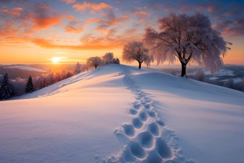 Footprints in fresh snow on a hill with a row of trees in winter in golden sunrise light, AI