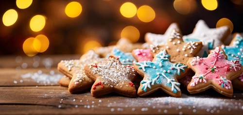 A detailed shot of Christmas cookies on a wooden table, featuring star-shaped cookies with colorful