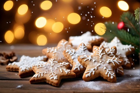 A detailed shot of Christmas cookies on a wooden table, featuring star-shaped cookies with colorful