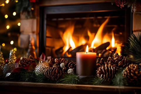 A cozy fireplace mantle decorated with pine cones, garlands, and lit candles, with a close-up focus