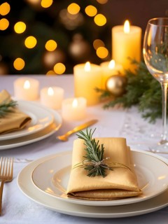 Beautifully decorated Christmas table setting with a golden napkin ring, sparkling cutlery, and a