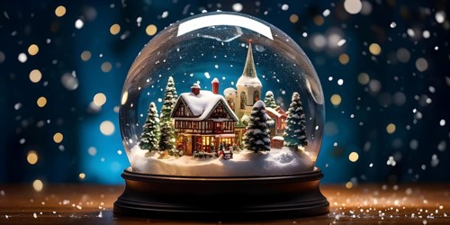 Snow globe with a tiny festive village inside, capturing the swirling snow and the light