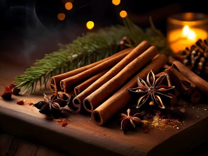 Christmas spices like cinnamon sticks, star anise, and cloves arranged on a wooden table, with soft