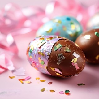 Small chocolate Easter eggs wrapped in shiny foil, placed on a bed of shredded pastel-colored