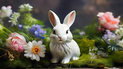 Vintage porcelain rabbit figurine surrounded by small, colorful spring flowers and soft moss, AI