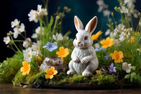 Vintage porcelain rabbit figurine surrounded by small, colorful spring flowers and soft moss, AI