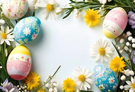 Easter card with delicate hand-drawn illustrations, placed among fresh flowers and decorated eggs,
