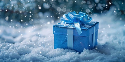 Banner with blue Christmas gift with snowflakes in snow. Generative AI, AI generated