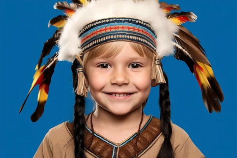 Young boy child dressed up as Native American for Halloween or carnival. Concept for Cultural