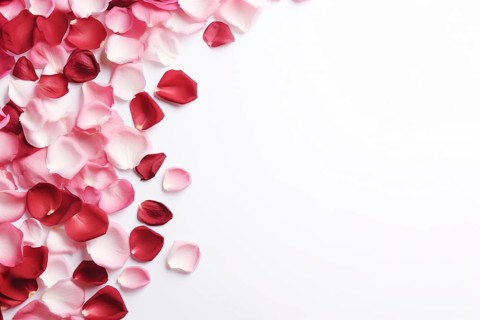Red and ping rose petal flowers on white background with copy space. KI generiert, generiert AI