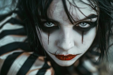 Close up of woman's face with creepy undead Pierrot Halloween costume makeup. Generative AI, AI