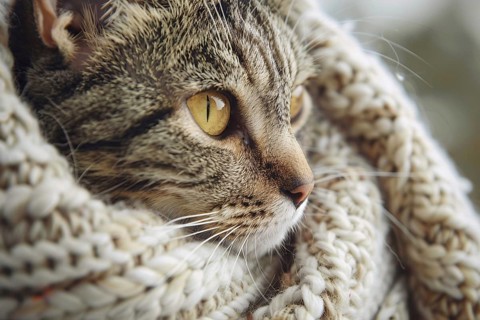 Cute tabby cat wrapped in cozy knitted blanket. Generative Ai, AI generated