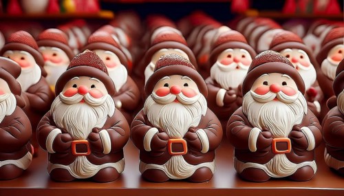 Cheerful looking chocolate Santas lined up on a shelf in a shop, AI-generated image, AI generated