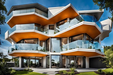 Modern residential house inspired by honeycomb hexagonal patterns, AI generated