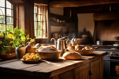 Rustic kitchen interior with exposed wooden beams, a farmhouse sink, and a table set with freshly