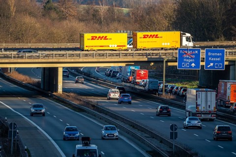 Motorway junction Westhofen, the motorway A45, Sauerlandlinie, is crossed by the A1, bridge, View