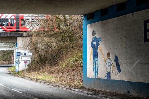 Wall murals, fan paintings of the Bundesliga club FC Schalke 04, at the Schalke stadium, Veltins