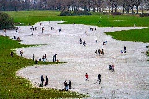 The Rhine meadows near Düsseldorf-Niederkassel, ice rinks after flooding, due to rising groundwater
