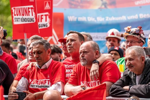 Demonstration by many thousands of steelworkers in front of the ThyssenKrupp headquarters in Essen