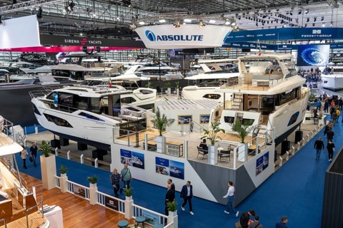 Large yachts, luxury yachts, in Hall 6 of BOOT 2024, the world's largest yacht and water sports