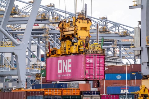 RWG Container Terminal, containers being loaded by crane, seaport of Rotterdam, Maasvlakte 2