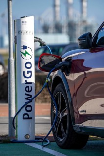 Electric car fast charging station, from the Dutch provider PowerGo, in the ferry harbour of