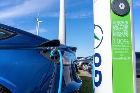 Electric car fast charging station, from the Dutch provider PowerGo, in the ferry harbour of