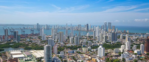 Scenic view of Cartagena cityscape, modern skyline, hotels and ocean bays Bocagrande and Bocachica