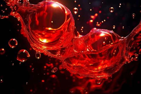 A cluster of iridescent vibrant red oil bubbles floating on a water surface, AI generated