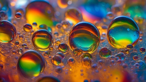 A cluster of iridescent vibrant oil bubbles floating on a water surface, AI generated