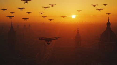 Swarm of UAV unmanned aircraft drones flying near the United States capitol at sunset, AI generated
