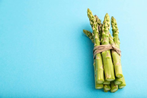 Bunch of fresh green asparagus on blue pastel background. Side view, copy space. harvest, healthy,