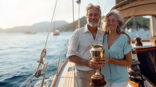 Happy sailing couple holding their trophy on the deck of their sailing boat. generative AI, AI