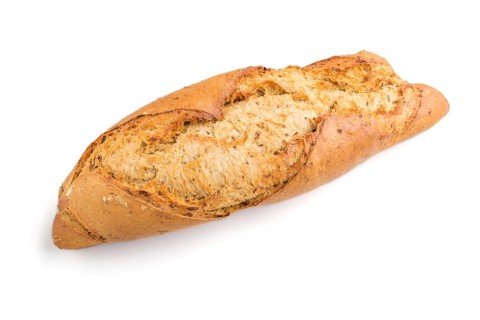Fresh homemade golden bread with different seeds isolated on white background. side view, close up