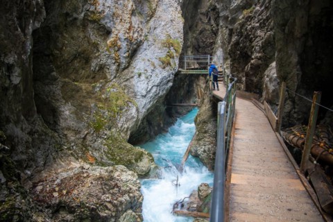 Waterfall trail at the Leutaschklamm gorge in the border forest between Tyrol and Bavaria
