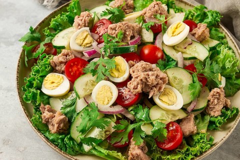 Tuna salad, vegetable salad with quail eggs, lettuce, red onion and cucumbers, on a light gray